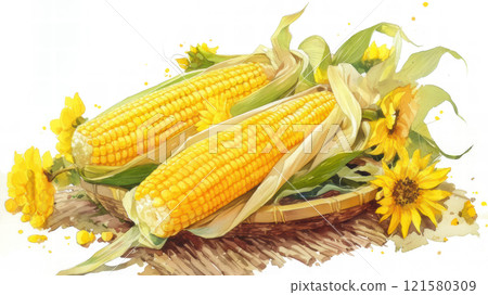 Fresh corn painted in watercolor 121580309