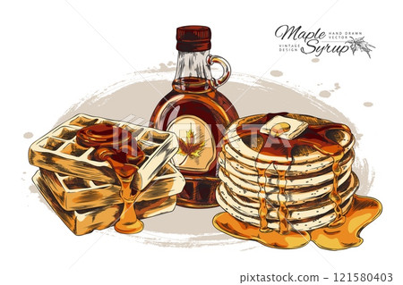 Bottle of syrup with maple leaf label, waffles and pancakes, hand drawn vector design, bakery with sweet topping sketch Bottle of syrup with maple leaf label, waffles and pancakes, hand drawn vector design, bakery with sweet topping sketch 121580403