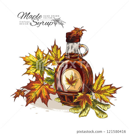 Vector poster with maple syrup bottle with autumn leaves and seeds. 121580416