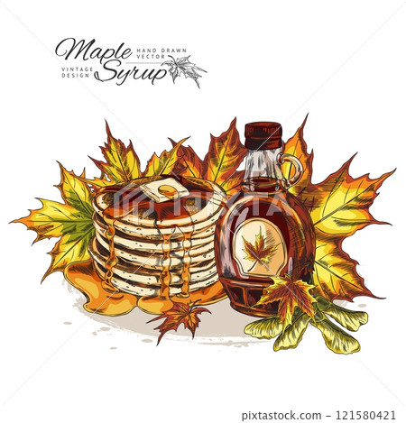 Vector with a bottle of maple syrup with a label, pancakes and melted butter. Vector with a bottle of maple syrup with a label, pancakes and melted butter. 121580421