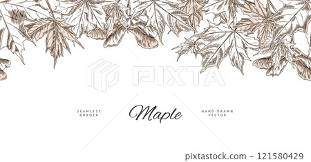 Banner with black and white seamless sketch top border of maple leaves and seeds. 121580429
