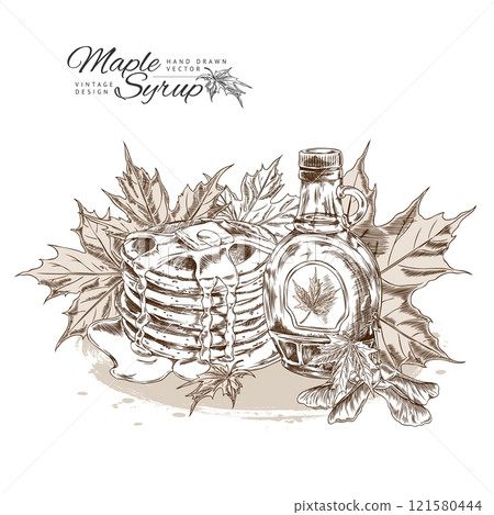 Vector with bottle of maple syrup with label, pancakes and melted butter in sketch style Vector with bottle of maple syrup with label, pancakes and melted butter in sketch style 121580444