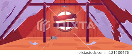 Vector illustration of an old wooden attic with a round window boarded up with boards. 121580476