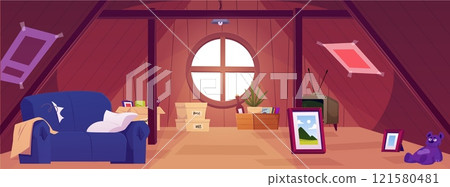 Vector illustration of an old wooden attic with a broken sofa, storage boxes and retro items. 121580481