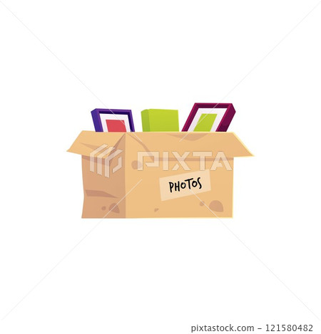 Vector illustration of cardboard box with photo frames inside and "photos" inscription. 121580482