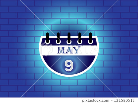 May 9th on a calendar against a blue brick wall. A simple, clean design for date reminders or event planning. May 9th on a calendar against a blue brick wall. A simple, clean design for date reminders or event planning. 121580515