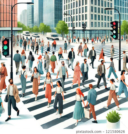 人們穿越城市十字路口的插圖 121580626