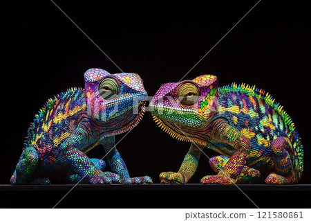 Two colorful chameleon in rainforest 121580861