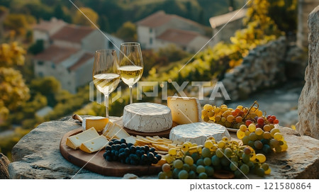 French cheeses grapes and wine 121580864