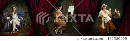 Collage. People, men and woman, in historical outfits, nobleman on throne, artist sketching at easel, and woman embroidering by candlelight. 121580969