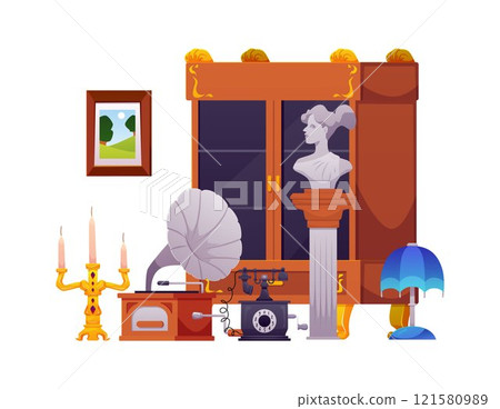 Antique shop vector flat illustration, pawn shop with retro telephone, vintage lamp and cabinet, old gramophone, statue 121580989