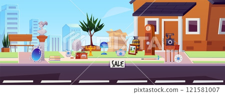 Vector of garage sale of vintage furniture and antiques in the courtyard of the house 121581007