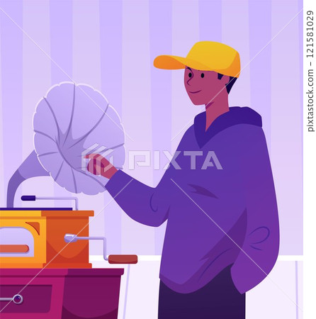 Vector illustration of antique shop with elegant interior and with a gramophone and a customer. Vector illustration of antique shop with elegant interior and with a gramophone and a customer. 121581029