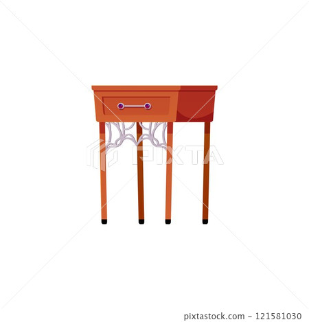A vector icon with a bedside table with long wooden legs and a silver handle. A vector icon with a bedside table with long wooden legs and a silver handle. 121581030