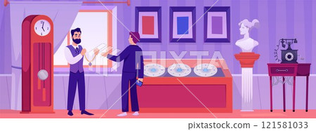 Vector illustration of an elegant antique shop with antique necklace, watches, sculptures, paintings Vector illustration of an elegant antique shop with antique necklace, watches, sculptures, paintings 121581033