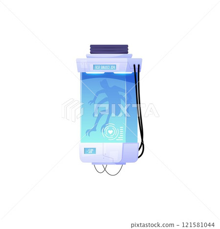 Vector illustration with cryochamber with fantastic creature inside. Secret sci-fi laboratory equipment. Experiments, creation and cloning. Flat cartoon style on isolated background. 121581044