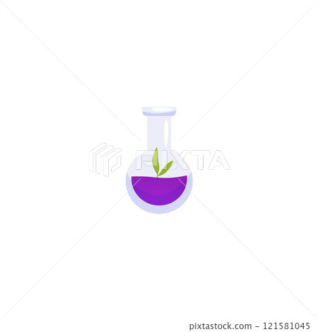 Glass flask with green plant and purple chemical vector flat icon, flower in tube, laboratory bio experiment nature herb Glass flask with green plant and purple chemical vector flat icon, flower in tube, laboratory bio experiment nature herb 121581045