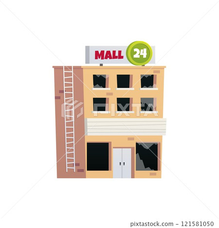 Vector illustration of destroyed mall, abandoned city building, store or shop isolated, earthquake, hurricanes or war Vector illustration of destroyed mall, abandoned city building, store or shop isolated, earthquake, hurricanes or war 121581050