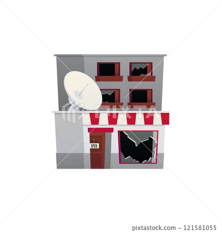 Vector illustration of gray two-story building with broken windows on isolated background. Vector illustration of gray two-story building with broken windows on isolated background. 121581055