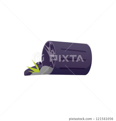 Illustration of an overturned trash can with an open lid, garbage and a spider web. 121581056