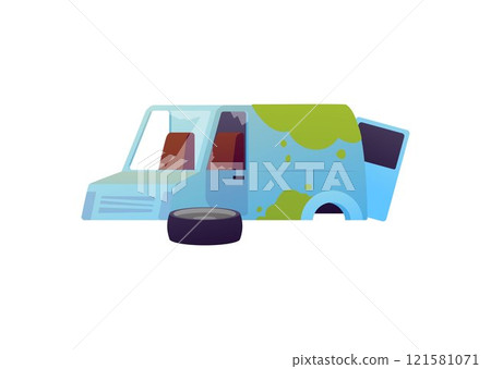 Vector illustration of an old, rusty, wheelless car with broken windows and a door. Vector illustration of an old, rusty, wheelless car with broken windows and a door. 121581071