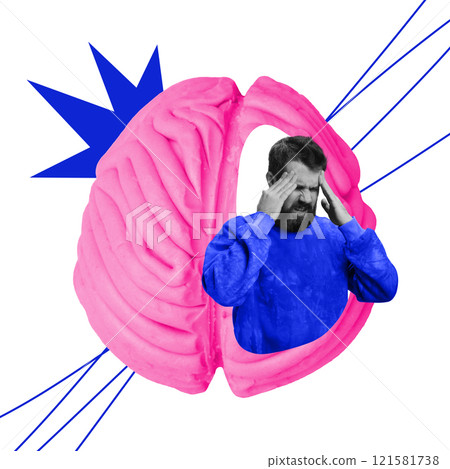 Contemporary art collage. Person holding head while sitting inside split pink brain represents cognitive overload or stress-related conditions. 121581738