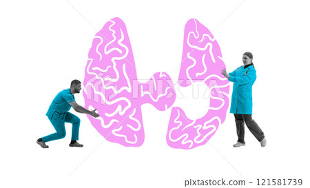 Contemporary art collage. Two healthcare workers assemble pink lung-like brain model symbolizing collaborative effort in diagnosing or treating neurological issues. Contemporary art collage. Two healthcare workers assemble pink lung-like brain model symbolizing collaborative effort in diagnosing or treating neurological issues. 121581739