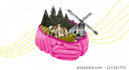 Contemporary art collage. Family scene with windmill embedded in pink brain signifies connection between emotional well-being and environment in healthcare. 121581741