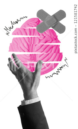Contemporary art collage. Hand holding fractured brain with bandage symbolizes repairing damage or addressing mental health issues through medical intervention. 121581742