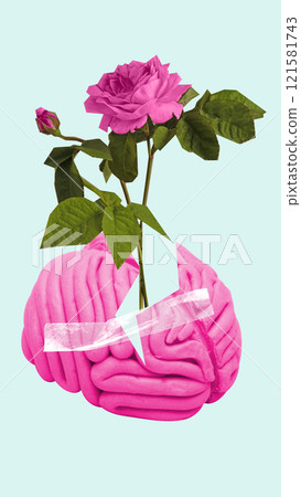Contemporary art collage. Blooming rose emerging from pink brain taped together represents healing or recovery of mental well-being after trauma. 121581743