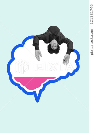 Contemporary art collage. Figure floats upside down within brain-shaped speech bubble symbolizing disorientation or cognitive imbalance in neurological conditions. Contemporary art collage. Figure floats upside down within brain-shaped speech bubble symbolizing disorientation or cognitive imbalance in neurological conditions. 121581746