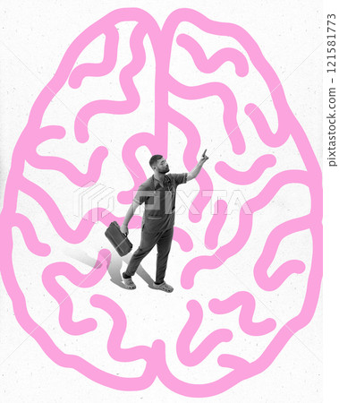 Contemporary art collage. Medical worker navigates through maze-like pink brain symbolizing exploration of complex neural pathways or health solutions. 121581773