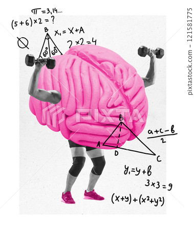Contemporary art collage. Pink brain with muscular arms lifts weights surrounded by mathematical formulas symbolizing cognitive strength or mental exercises. 121581775