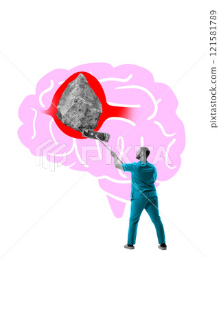 Contemporary art collage. Professional in medical scrubs attempts to break metaphorical obstacle within pink brain symbolizing mental block or treatment challenge. 121581789