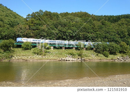 The Soya express train travels over an iron bridge along the Teshio River The Soya express train travels over an iron bridge along the Teshio River 121581910
