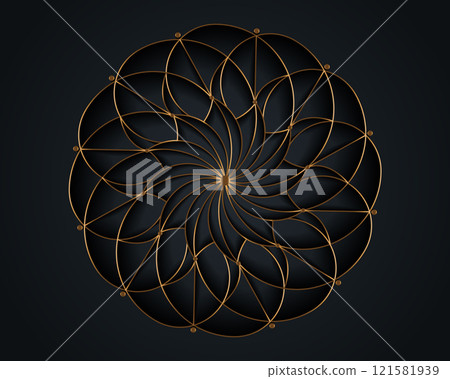 Gold Luxury Sacred Mandala template. Flower round design element isolated on black background. Circle pattern in golden color. Vector illustration for logo, monogram, web design, decoration, business Gold Luxury Sacred Mandala template. Flower round design element isolated on black background. Circle pattern in golden color. Vector illustration for logo, monogram, web design, decoration, business 121581939