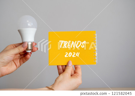 Notebook trends 2024 and lamp in hands. The concept of searching for new ideological trends and tendencies. Exclusive trend. Popular and relevant topics. 121582045