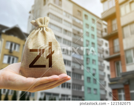 Poland zloty bag against the background of modern high-rise buildings. Investing in the purchase of real estate. Affordable housing and mortgage rates. Renting apartments and houses. Blurred 121582075