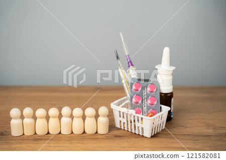 A figurine of people stands in a row near a shopping basket with medicines. Vaccination concept for children, elderly and people. Immunization of the population. Health and wellness A figurine of people stands in a row near a shopping basket with medicines. Vaccination concept for children, elderly and people. Immunization of the population. Health and wellness 121582081