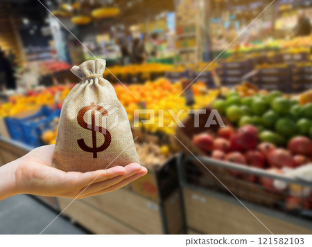 dollar money bag on the background of a grocery store counter with fresh organic vegetables and fruits. Concept of cost of goods and food products. Grocery set. Import and export dollar money bag on the background of a grocery store counter with fresh organic vegetables and fruits. Concept of cost of goods and food products. Grocery set. Import and export 121582103