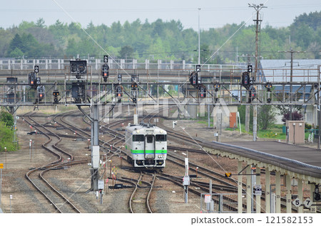 室蘭本線開往苫小牧的普通列車從引上線準備掉頭後返回月台。 室蘭本線開往苫小牧的普通列車從引上線準備掉頭後返回月台。 121582153