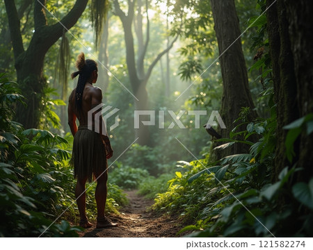 Man stands in a lush green forest while a bird watches in the early morning light 121582274