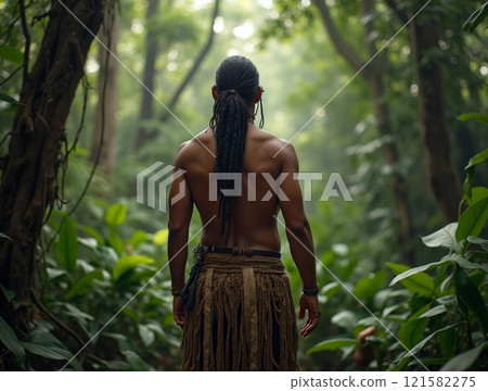 Man stands in lush jungle wearing traditional attire while exploring nature during daylight 121582275