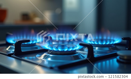Blue flames dance on gas stove burners in a modern kitchen during evening cooking 121582304