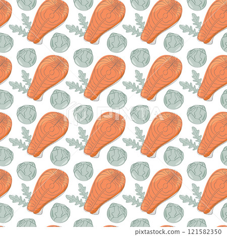 Salmon steak, brussels sprout heads and arugula leaves Seamless Pattern. Healthy Eating background 121582350