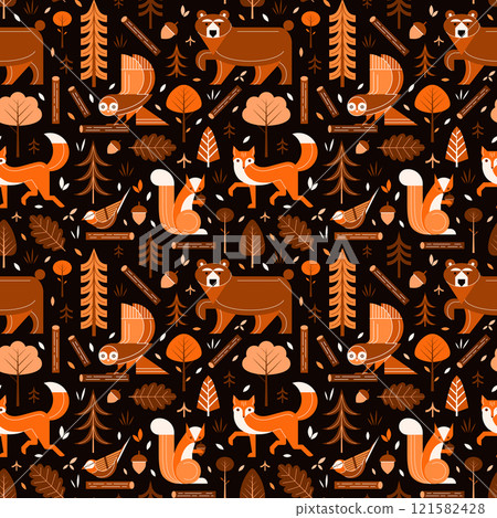 Woodland Animals and Birds in Nordic Forest Pattern 121582428