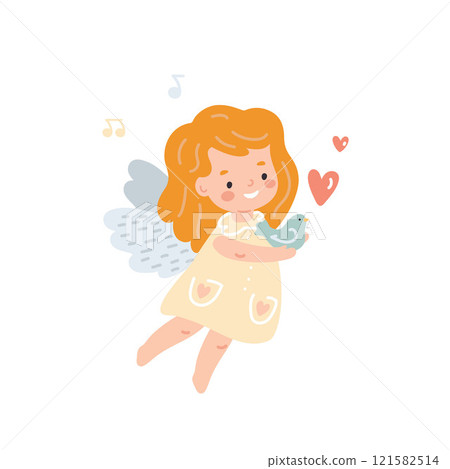 Cute little angel girl holding a bird in her hands. Flat style vector illustration Cute little angel girl holding a bird in her hands. Flat style vector illustration 121582514