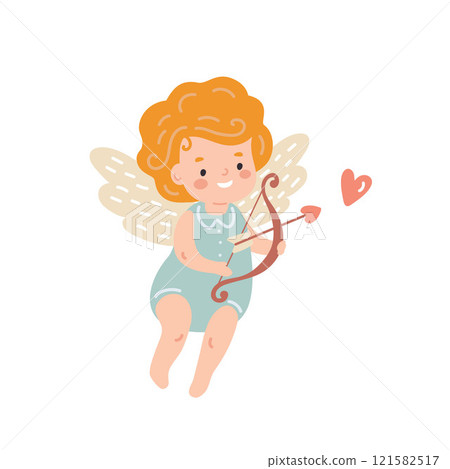 Cute little boy angel cupid with bow and arrow, flat style vector illustration	 121582517