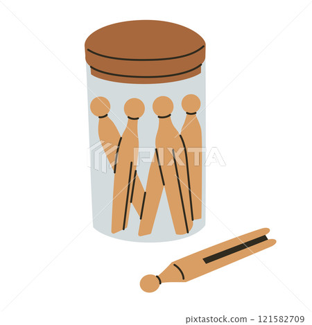 Wooden clothespins in jar vector illustration in flat cartoon style. Minimalist eco friendly laundry accessory for sustainable and zero waste themes. Practical and reusable home decor element 121582709