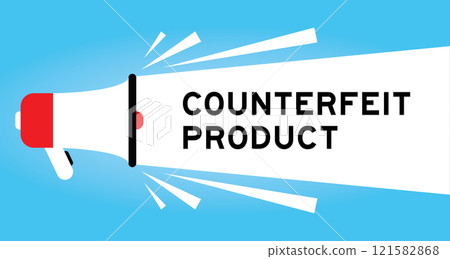 Color megaphone icon with word counterfeit product in white banner on blue background 121582868